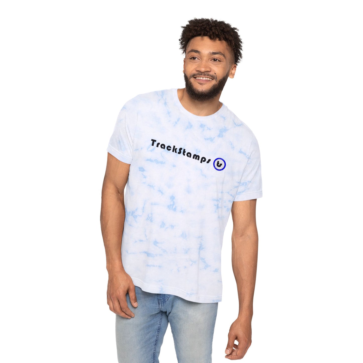Track Stamps Fashion Tie-Dyed T-Shirt (Blue & White)